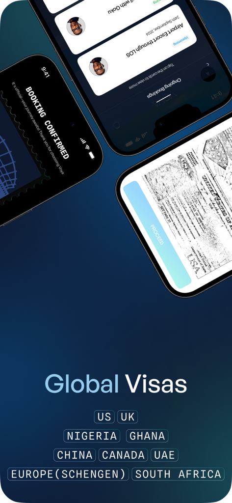 Interface de l'application VOYA présentant les services de visas mondiaux pour les États-Unis, le Royaume-Uni, le Nigeria, la Chine et l'Europe avec des écrans de scan de passeport et de confirmation de réservation