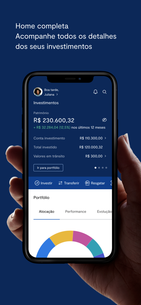 BTG Pactual Investimentos - BTG Pactual Investimentos mobile app home screen showing investment totals and portfolio allocation chart