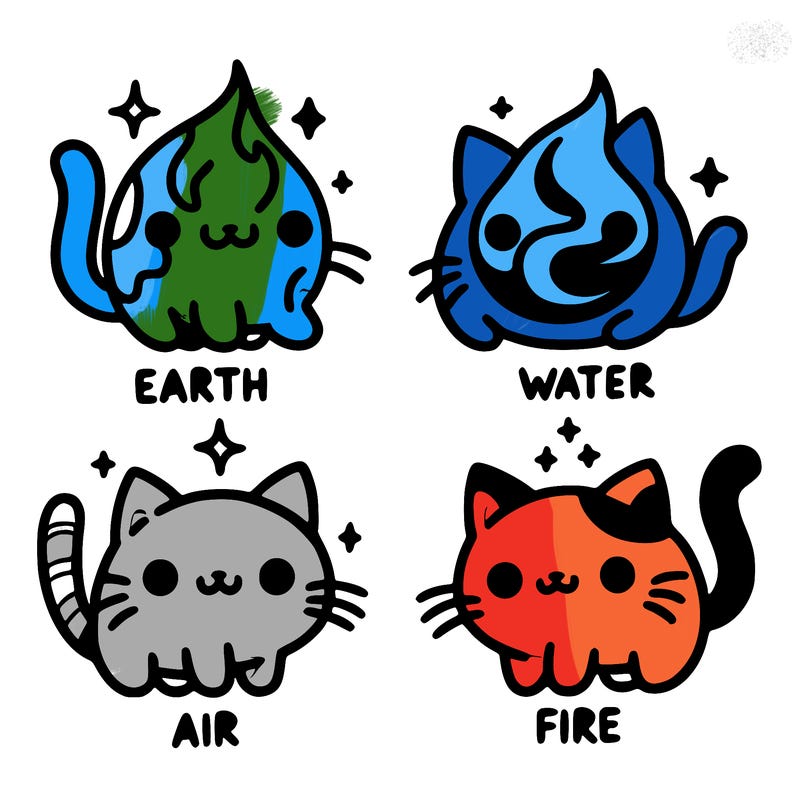 4 cats that represent the different elements, earth, water, air, and fire