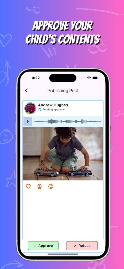 Young Creator - Oberfläche der Young Creator App, die Optionen zur elterlichen Genehmigung für einen Beitrag eines Kindes zeigt