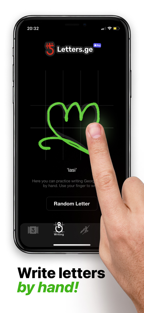 A person practicing how to write Georgian letters by hand on a smartphone screen using the Letters.ge app.
