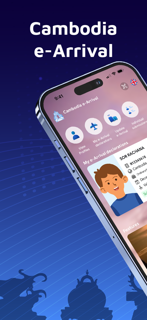 Cambodia e-Arrival - Oberfläche der Kambodscha e-Arrival App auf einem Smartphone-Bildschirm, die das Reise-Profil und die Deklarationsfunktionen zeigt