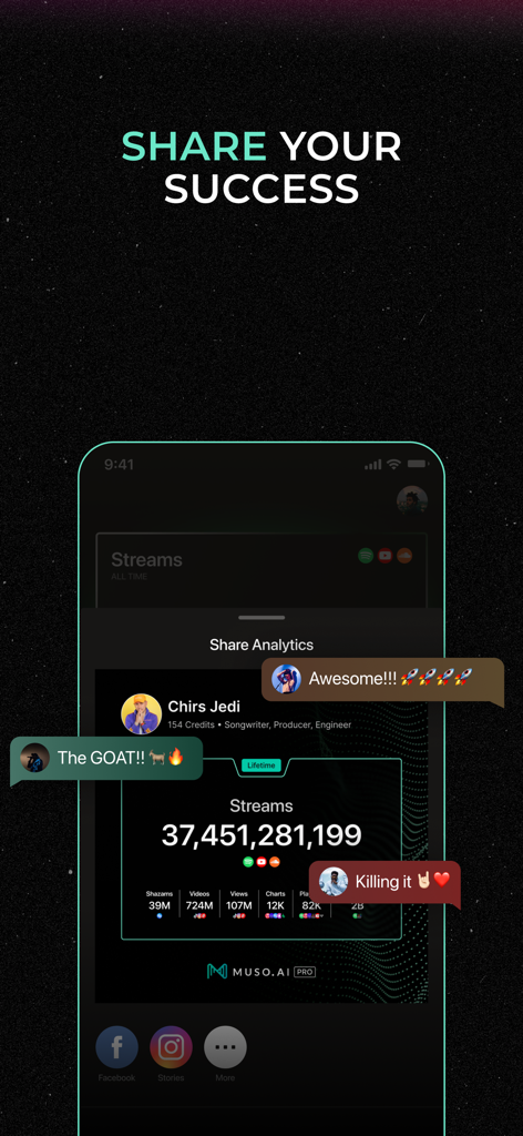 Muso AI interface showing lifetime music stream analytics and social sharing options