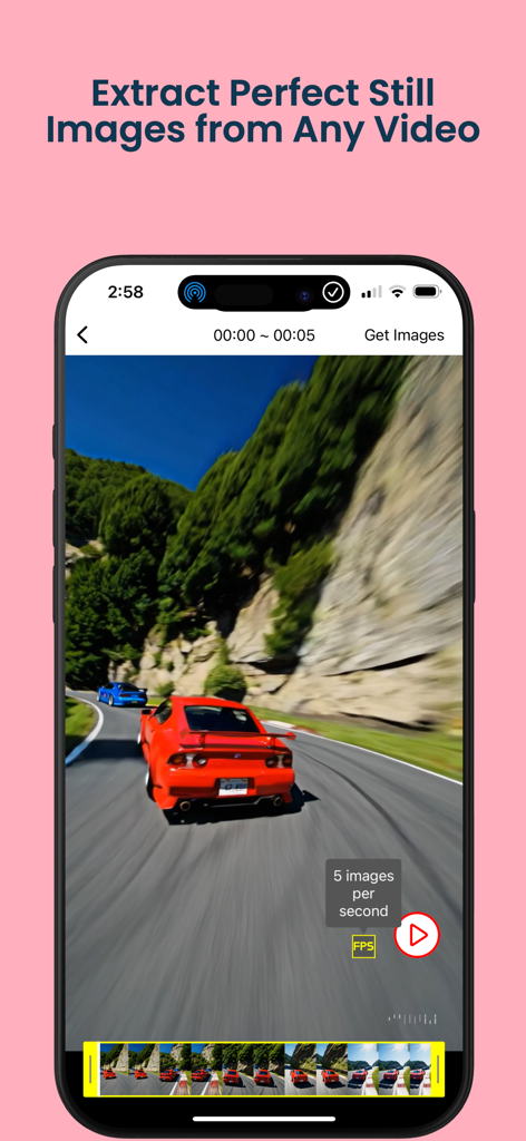 Interface of VideoToLive app demonstrating the extraction of still images from a video clip.