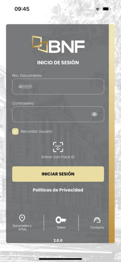 BNF Móvil - BNF Movil mobile banking login screen with document number and password fields
