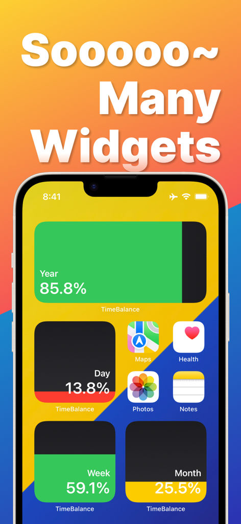 Pantalla de inicio de iPhone con múltiples widgets que visualizan el tiempo restante del día, semana, mes y año como barras de batería