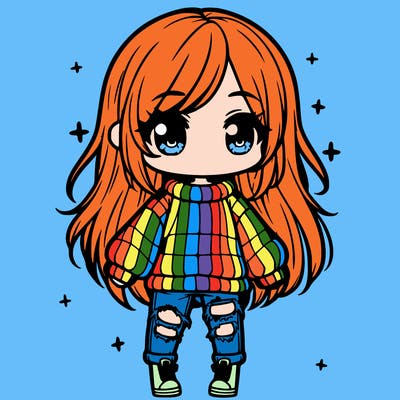 chibi girl with ripped jeans,long hair, and an oversized sweater