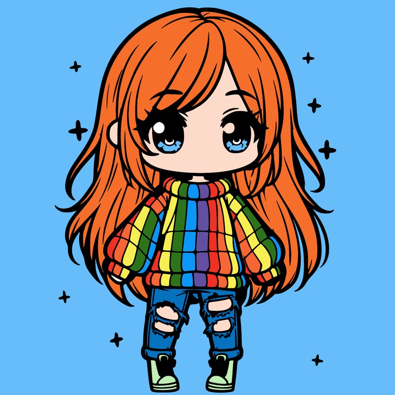 chibi girl with ripped jeans,long hair, and an oversized sweater