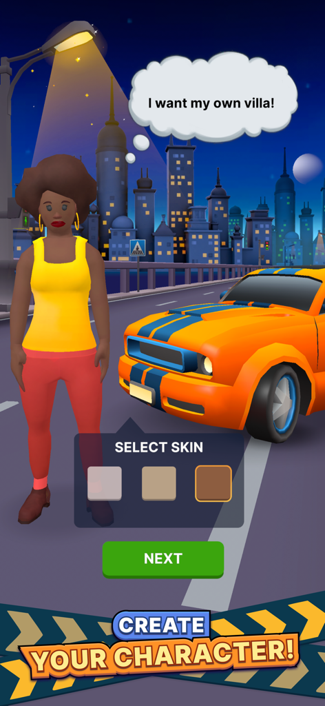 Écran de personnalisation de personnage dans le jeu Business Empire montrant la sélection de la couleur de peau et une voiture musclée.