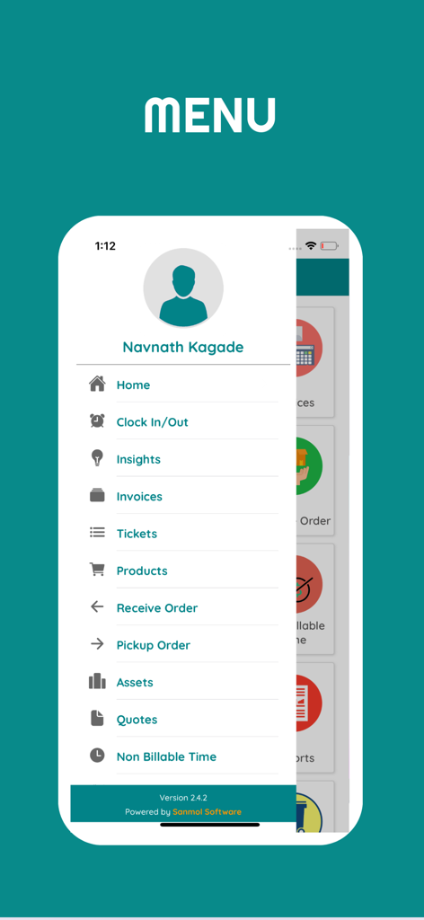 EzyBooks - Menú lateral de la aplicación móvil EzyBooks mostrando funciones de gestión empresarial como Registro de Entrada y Facturas de Inventario