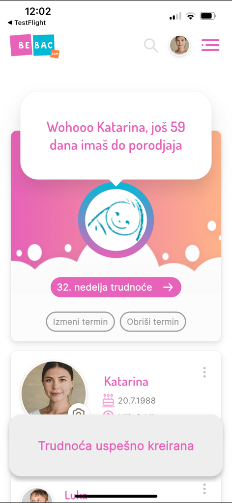 Bebac - Bebac mobile app interface showing a pregnancy countdown and the thirty-second week progress for a user named Katarina.