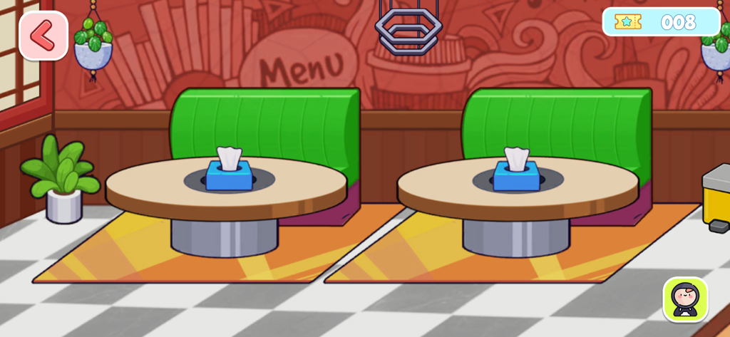 Lifora Life: My Ava World - Cartoon restaurant interior with green booths and round wooden tables in Lifora Life game.