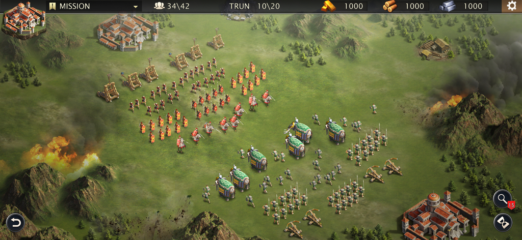 Grand War: Rome Strategy Games - A tactical battlefield in Grand War Rome showing Roman legions facing war elephants and siege engines on an isometric map.