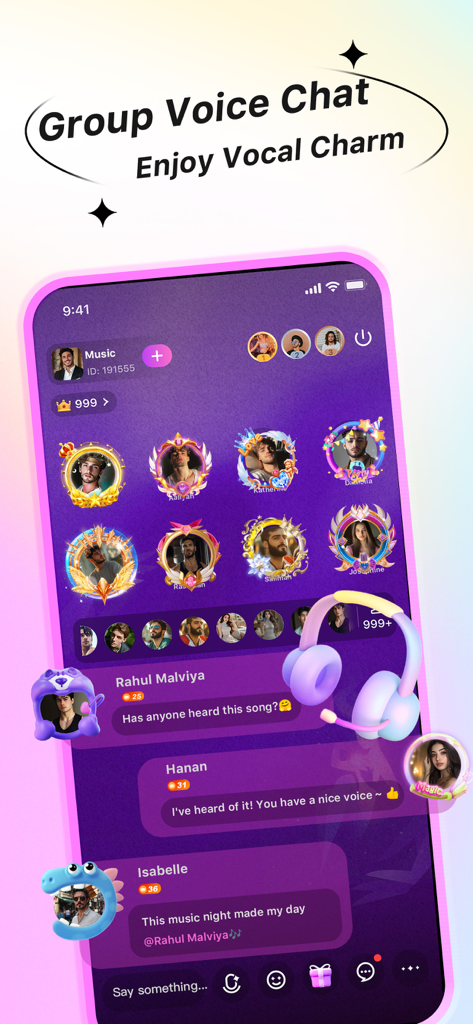 Pikoアプリのインターフェース。装飾されたユーザープロフィールのアイコンとソーシャルチャットメッセージが表示されているグループ音声チャットルームを示しています。