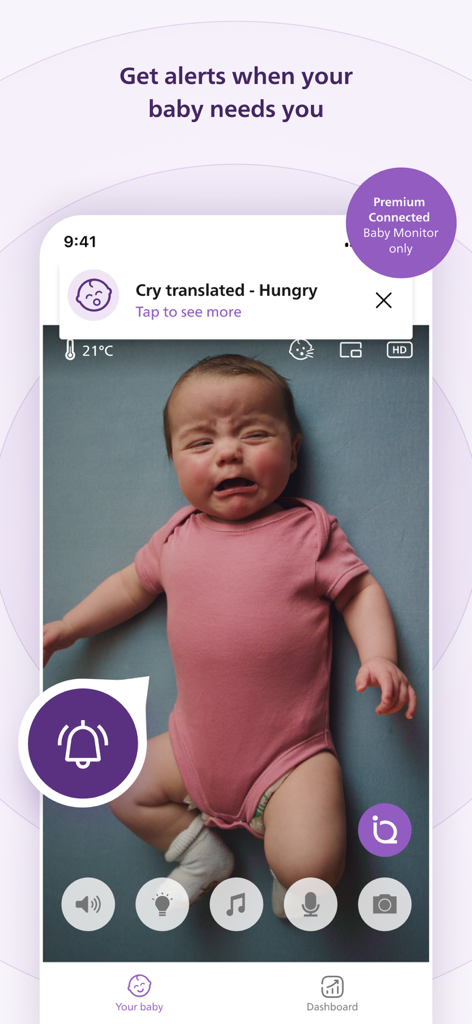 Philips Avent Baby Monitor App-Bildschirm zeigt eine Schreiübersetzungs-Warnung für ein hungriges Baby