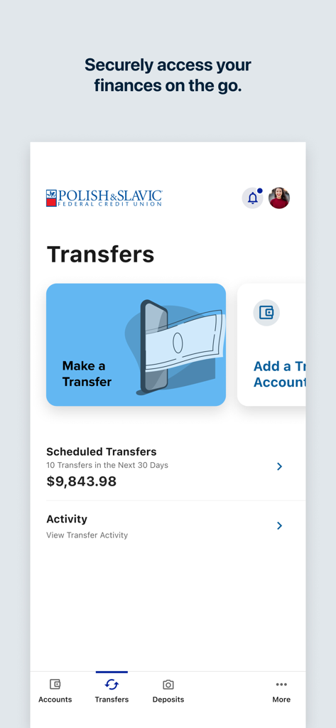 PSFCU Mobile - PSFCU Mobile app transfers screen showing scheduled payments and activity
