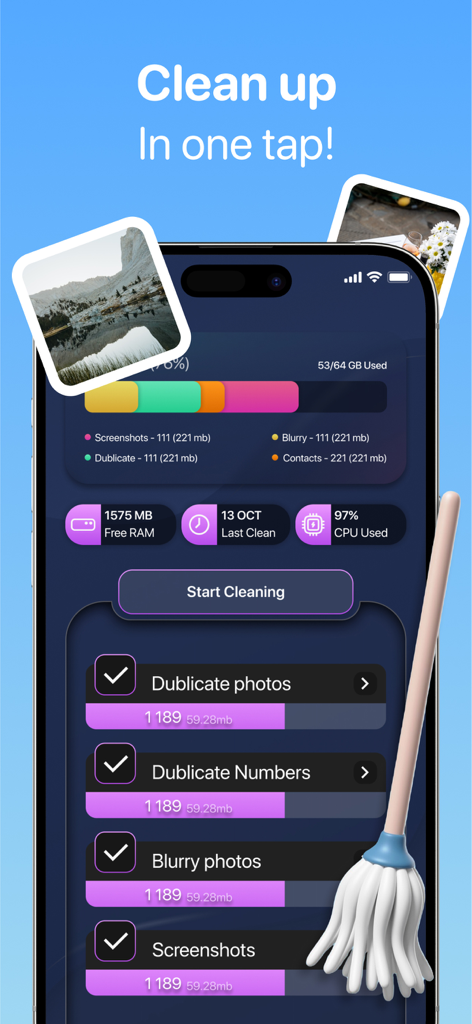 NebulaSpeed - Stellar Cleanup - NebulaSpeed app interface showing one tap cleanup options for duplicate photos and contacts