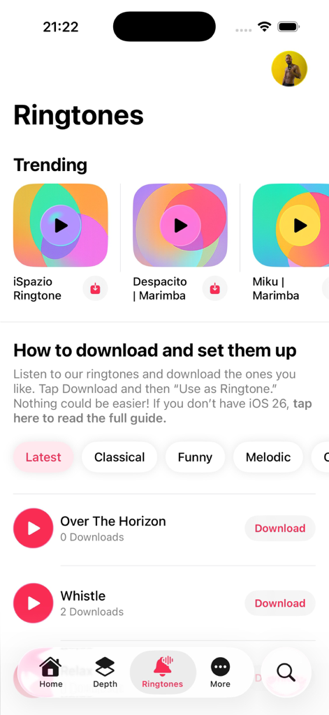 Wallpapers Central 앱의 인터페이스로, 인기 벨소리와 아이폰 사용자를 위한 다운로드 지침이 표시됩니다.
