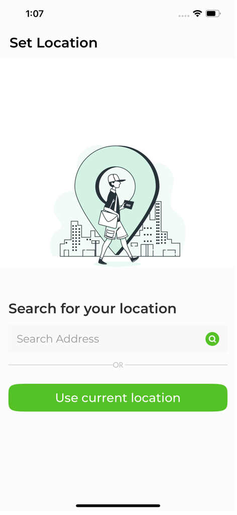 Pharmao - Livraison pharmacie - Pharmao app screen to set delivery location with an address search bar and a button to use current location