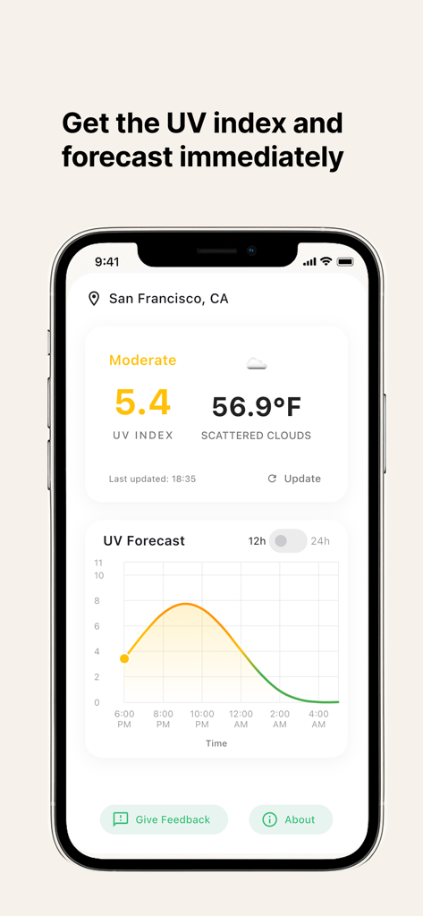 UV index now: Simple and fast - A minimalist weather app interface displaying the UV index and a daily forecast graph