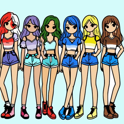 a group of girls wearing crop tops and shorts