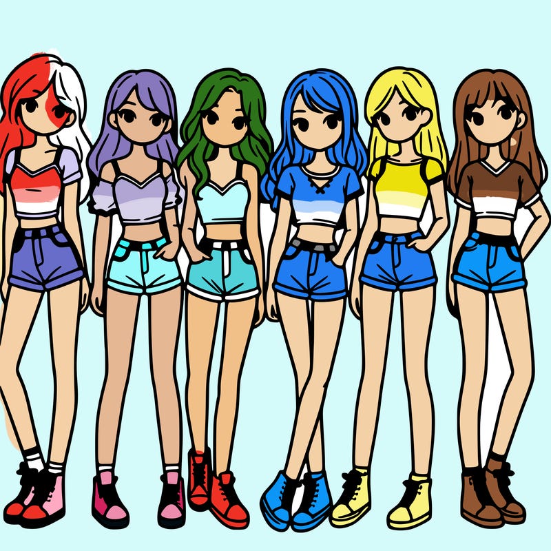 a group of girls wearing crop tops and shorts