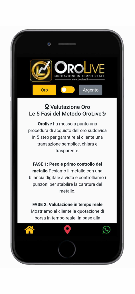 OroLive - Compro oro Roma - Screenshot dell'app OroLive che spiega le cinque fasi del metodo di valutazione dell'oro.