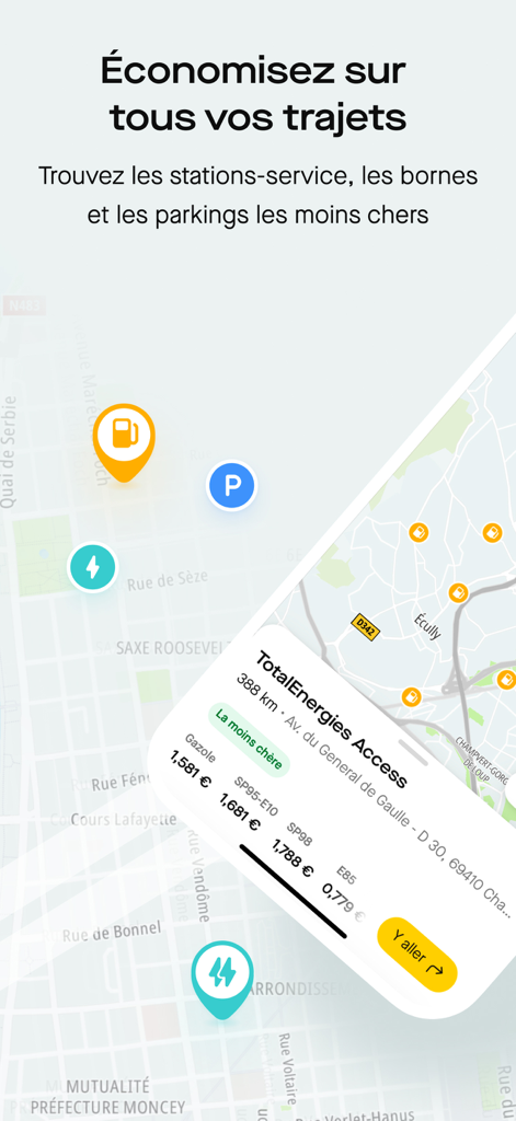 Roole Map app interface showing gas station prices and electric vehicle charging points on a navigation map of France.