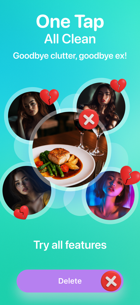 SnapCleaner – Photo & Storage - Pantalla de la aplicación SnapCleaner que muestra una función de un solo toque para eliminar fotos y desorden no deseados