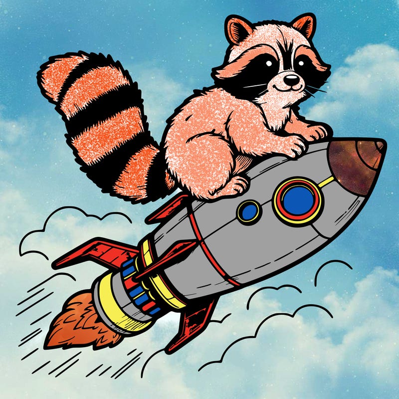 realistic raccoon flying on top rocket ship