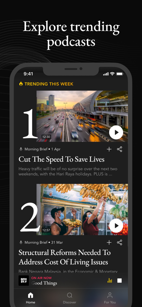 BFM Business Radio - BFM Business Radio app screen showing top trending weekly news podcasts.