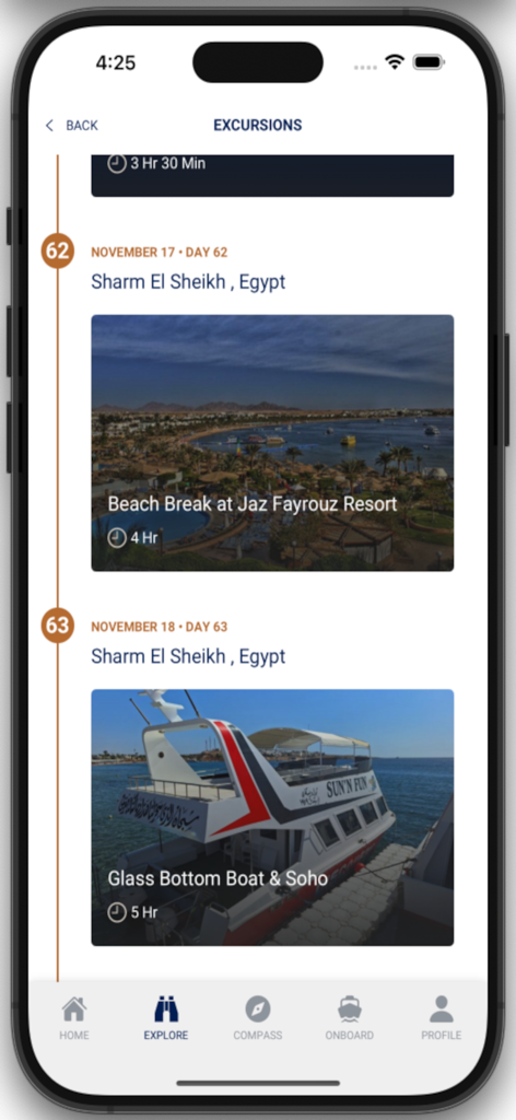 Interface do aplicativo móvel AROYA Cruises mostrando uma lista de passeios em terra em Sharm El Sheikh, Egito, incluindo dias de praia e passeios de barco.