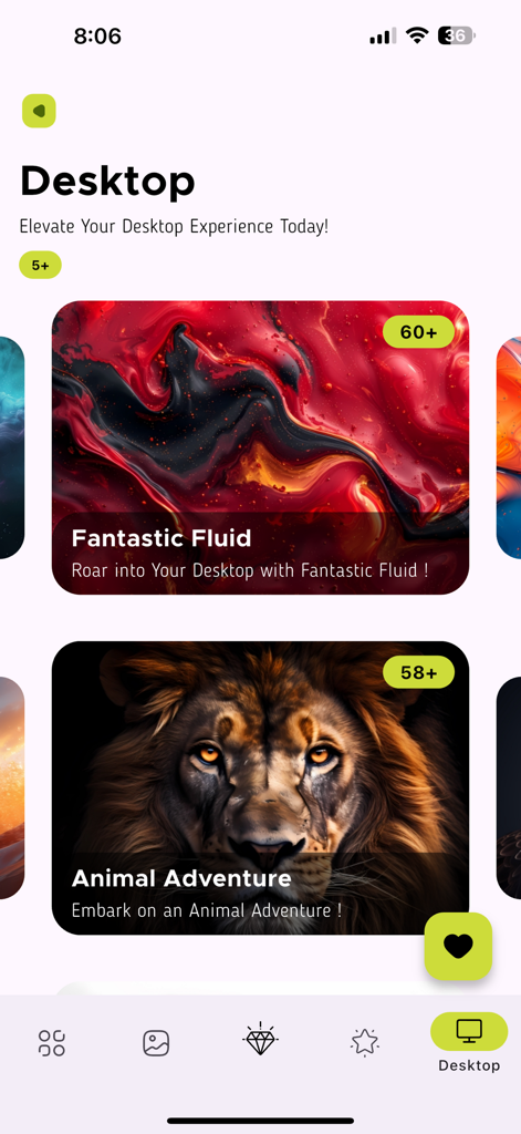 Walley 앱 인터페이스에 추상적이고 동물 테마를 포함한 데스크톱 배경화면 컬렉션이 표시됩니다.