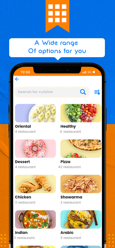 Mobile app interface showing different food categories and cuisines available for delivery on the FOODER app