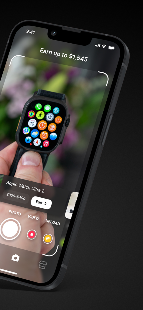 Hero: Sell, Price & List Fast - Hero app camera interface identifying an Apple Watch with estimated resale value
