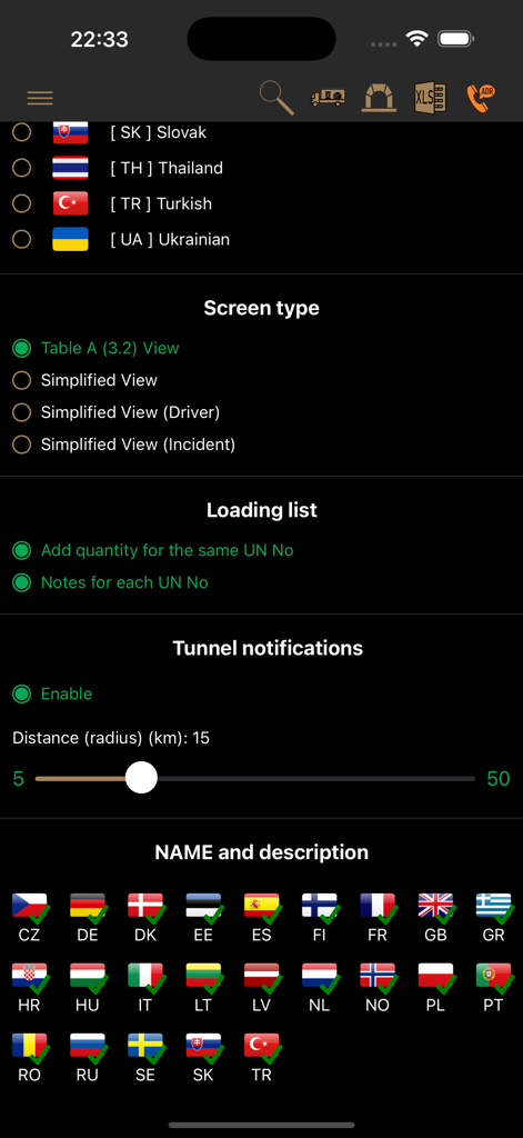 ADR Tool 2025 Dangerous Goods - Settings interface for ADR Tool 2025 app with screen options and language selections