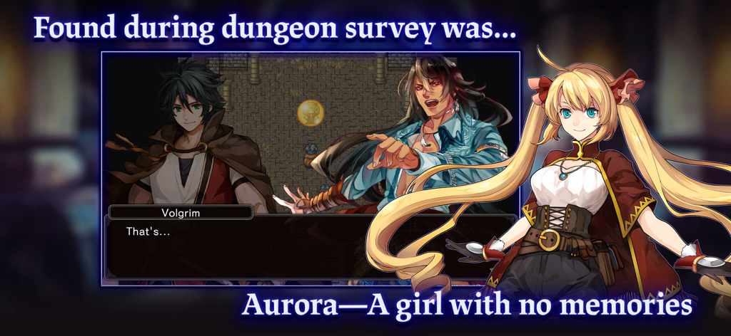 Una escena de historia de RPG Astral Takers mostrando a Aurora, la chica sin recuerdos, y a Volgrim.