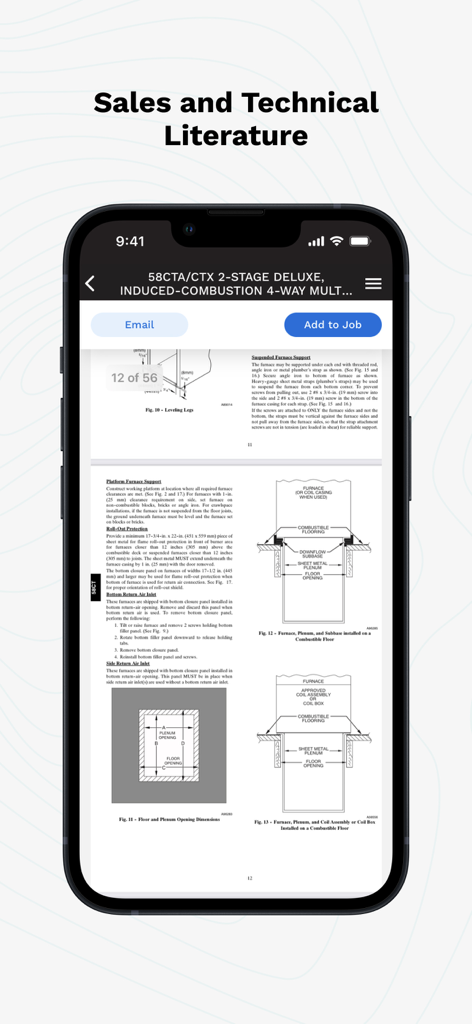 Carrier® Service Technician - Carrier Service Technician app displaying technical furnace installation diagrams and manuals.