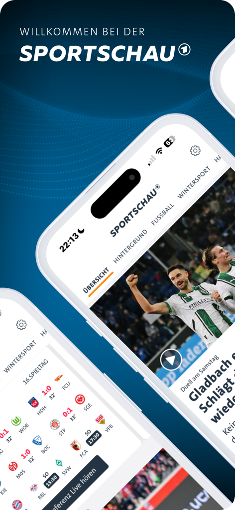 SPORTSCHAU - スポーツニュースとライブサッカーのスコアが表示されたスマートフォンのSportschauアプリのインターフェース
