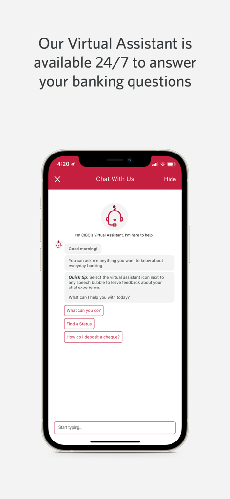 CIBC Mobile Banking app virtual assistant chat interface showing 24/7 support for banking questions