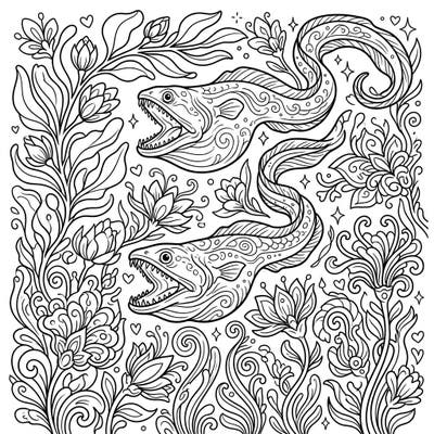 Discover the unique charm of deep-sea gulper eels in a surprising spring-themed underwater garden. This intricate coloring page invites you to bring vibrant life to these mysterious creatures and blooming aquatic flora.