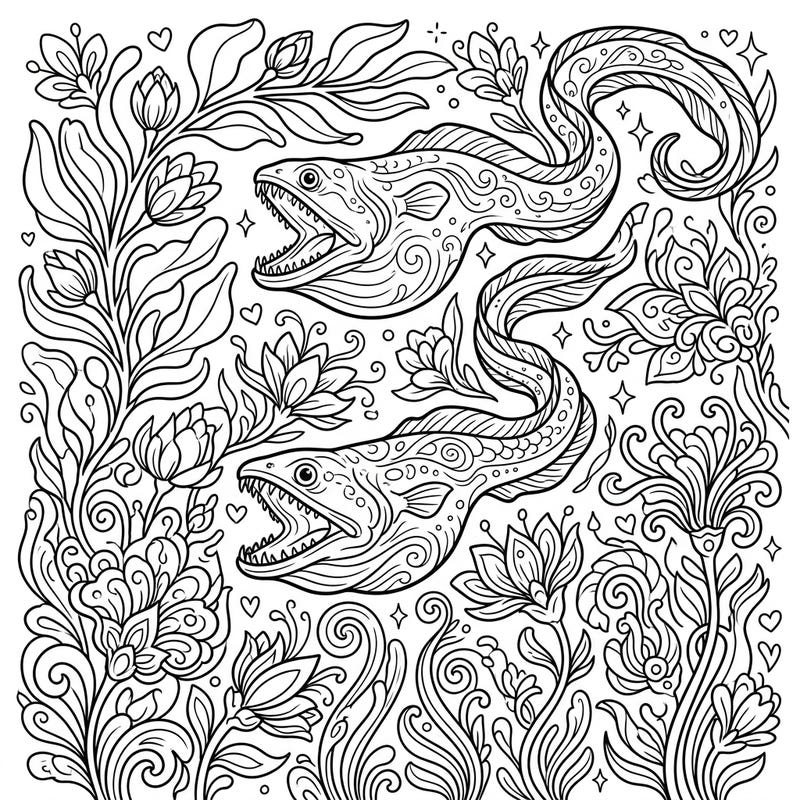 Discover the unique charm of deep-sea gulper eels in a surprising spring-themed underwater garden. This intricate coloring page invites you to bring vibrant life to these mysterious creatures and blooming aquatic flora.