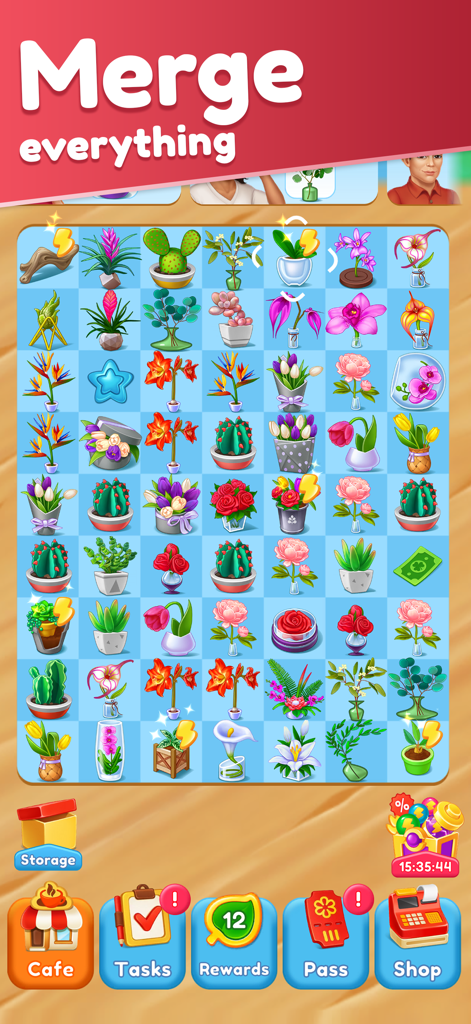 Joy Cafe: Tasty Merge Game - Joy Cafe gameplay screen showing a grid of colorful flowers and plants for merging