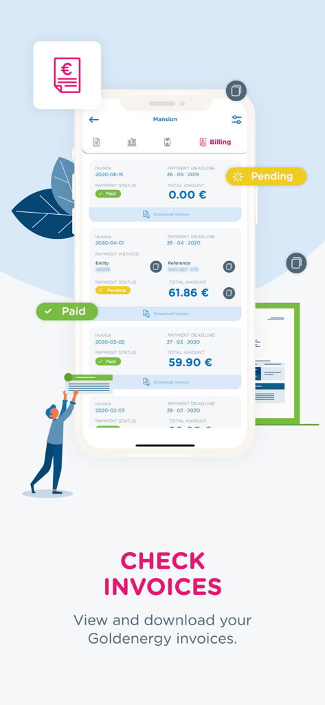 Goldenergy - Bildschirm der mobilen App mit digitalen Energierechnungen mit bezahlten und offenen Status