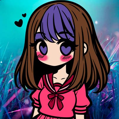 cute anime girl with shoulder length hair and straight fringe bangs and heart eye pupils