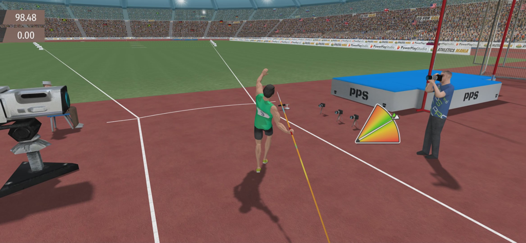 An athlete in a green jersey prepares to throw a javelin during a stadium competition in Athletics Mania.