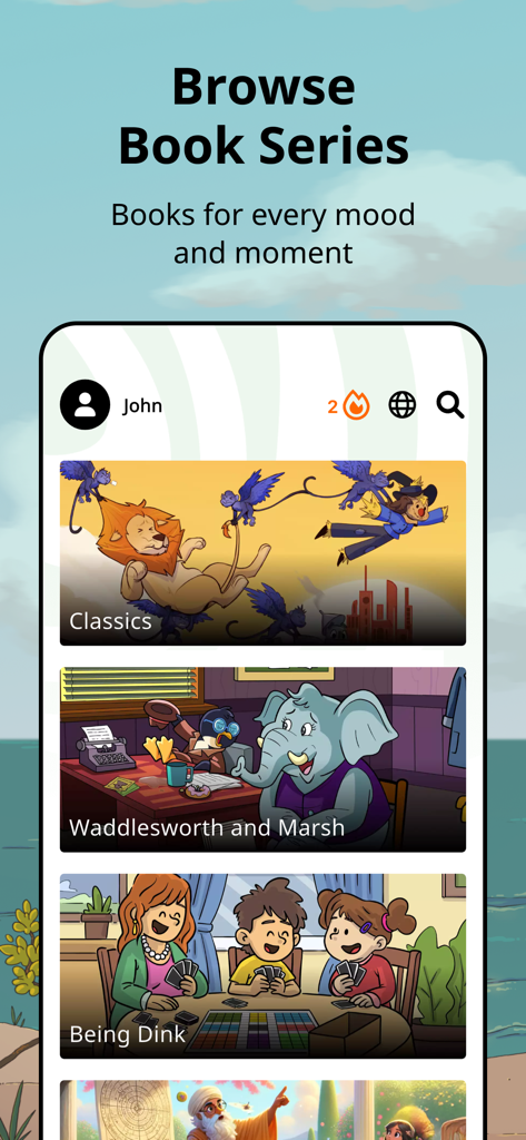 Booktime - Booktime app interface showing illustrated children book series for browsing