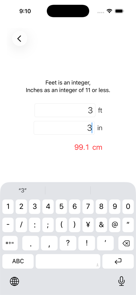 Interfaz que muestra la conversión de 3 pies y 3 pulgadas a 99.1 centímetros.