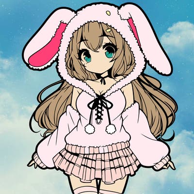 pretty anime girl wearing a fluffy hoodie with bunny ears on the hood and a skirt