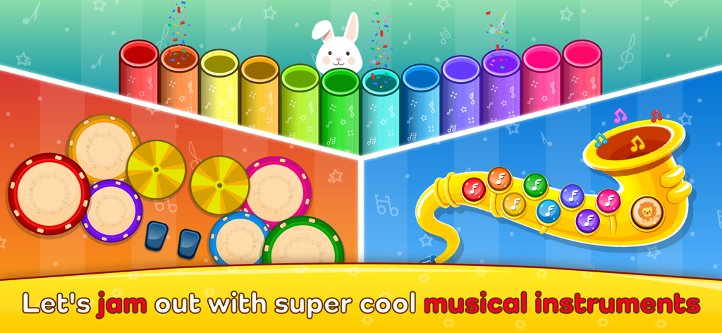 Baby Piano: Fun Music Games - Colorful musical instruments for toddlers including drums saxophone and panpipes in a kids music game